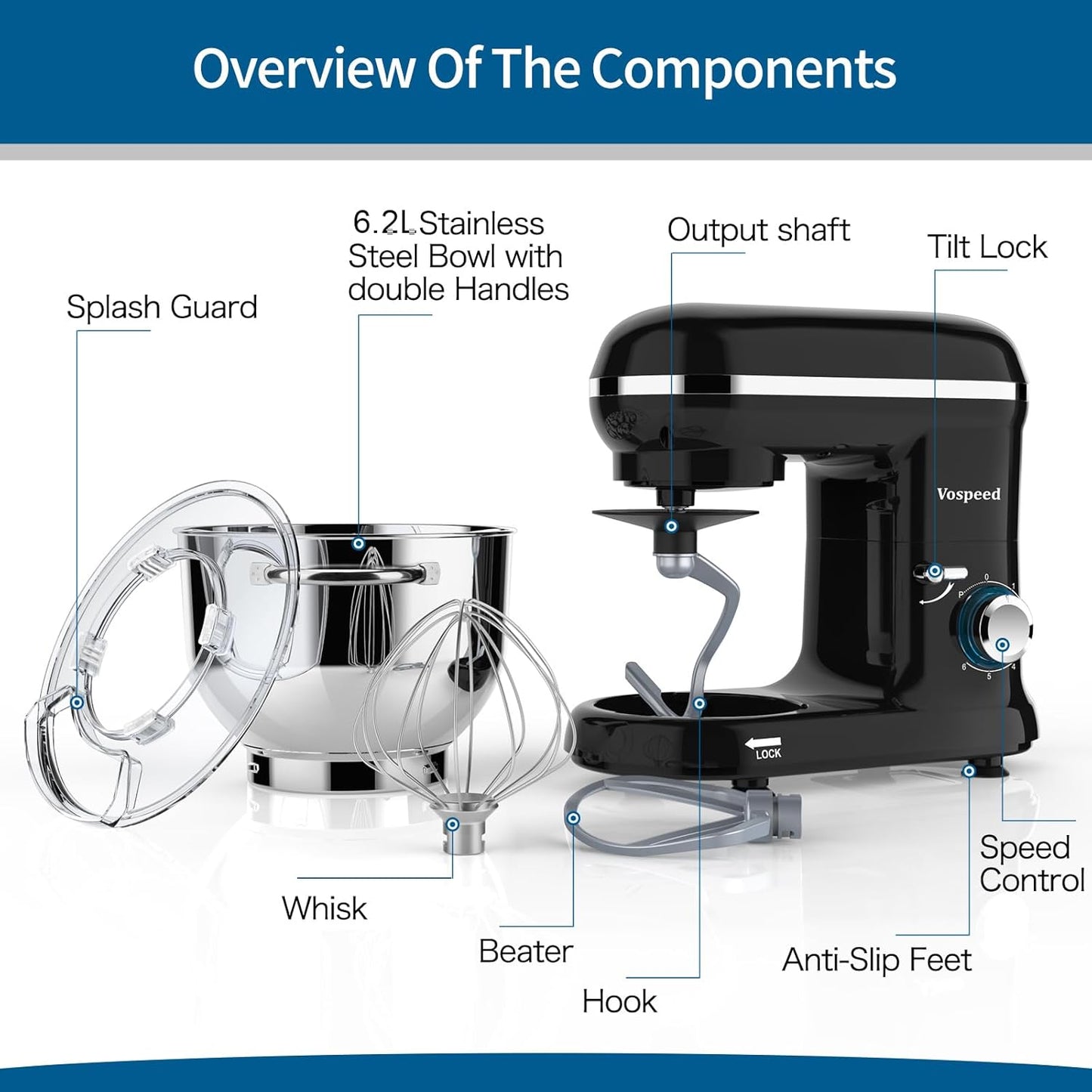 Vospeed 6-Qt Black Stand Mixer with 6 Speeds and Accessories