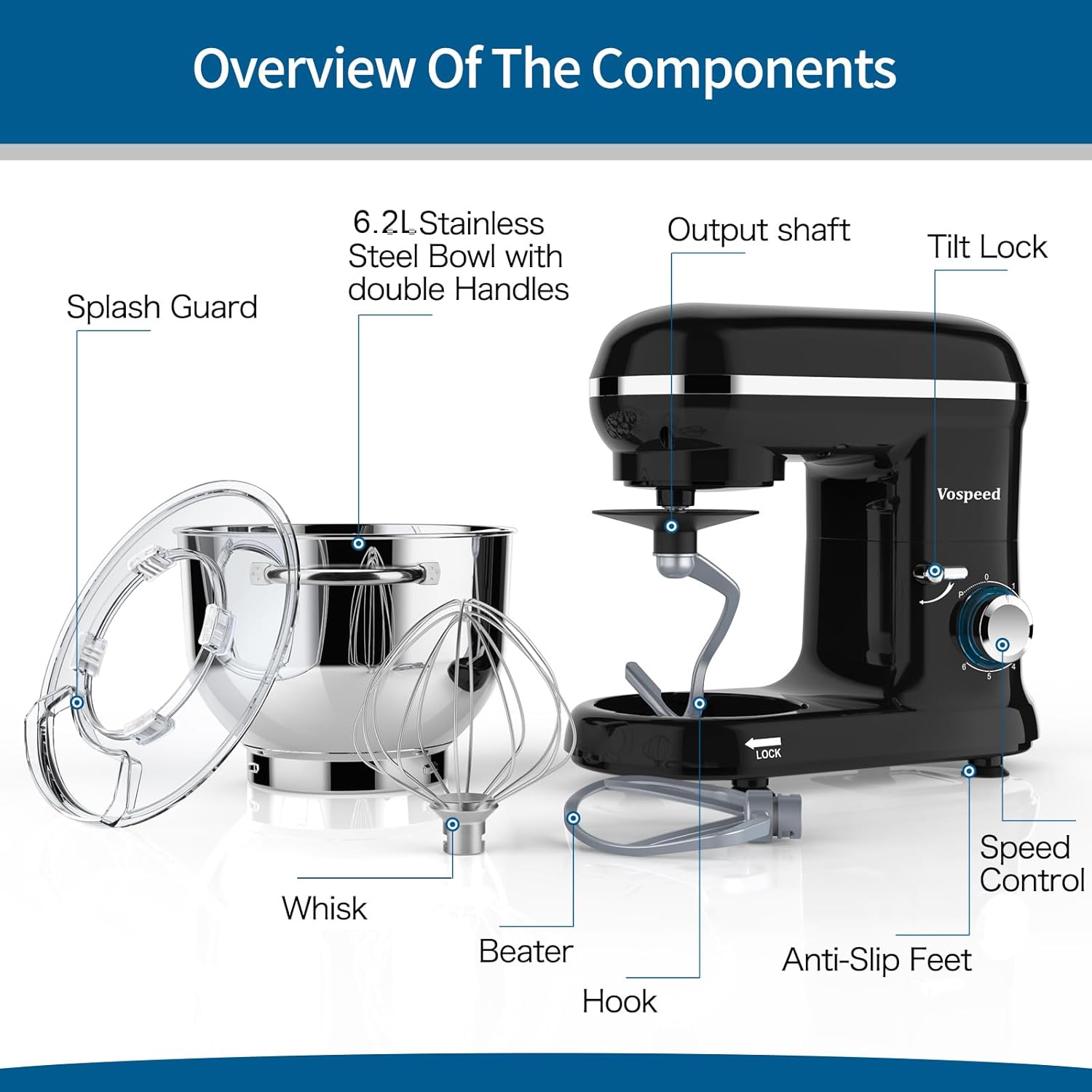 Vospeed 6-Qt Black Stand Mixer with 6 Speeds and Accessories