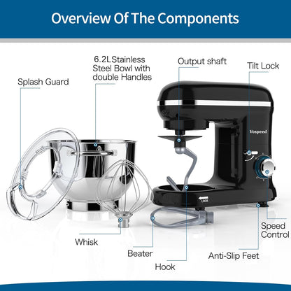 Vospeed 6-Qt Black Stand Mixer with 6 Speeds and Accessories