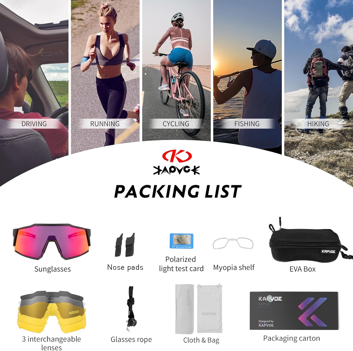 KAPVOE Ultra-Light Polarised Cycling Glasses with Interchangeable Lenses