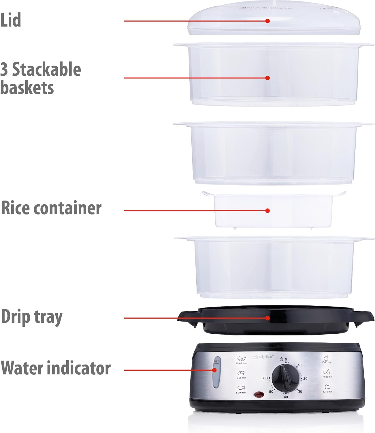 Alpina Food Steamer 230V 800W 3-Layer 9L Grey