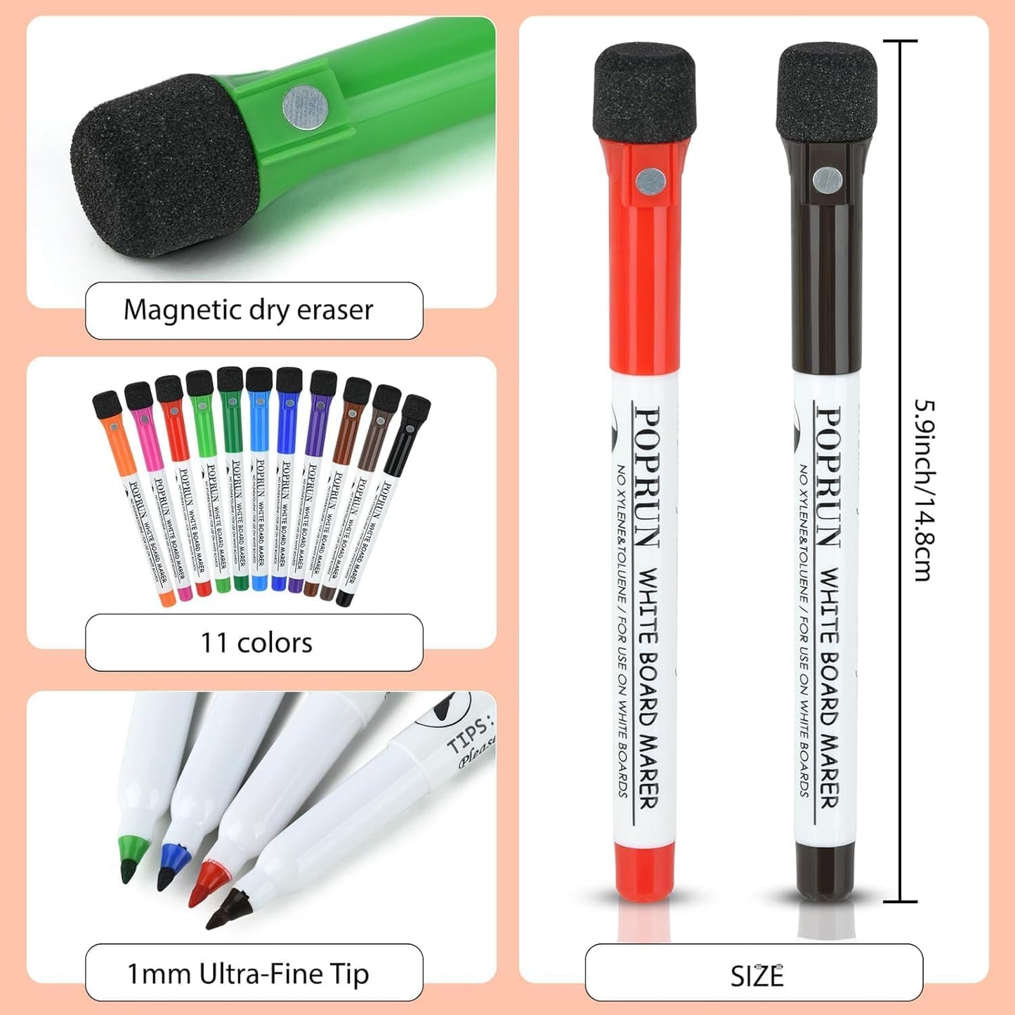 POPRUN 36-Count Fine Tip Magnetic Dry Erase Markers – 11 Colors