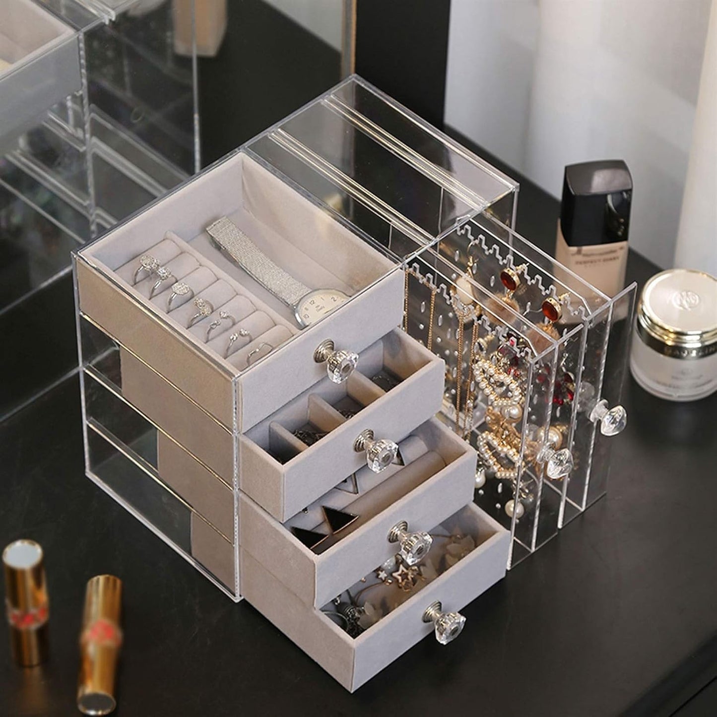 Clear Acrylic Jewelry Box with 4 Drawers and Earring Holder