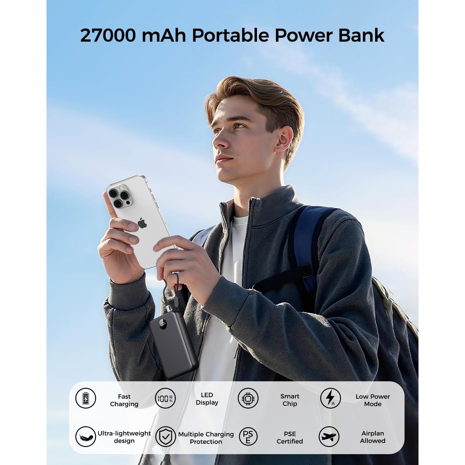 Black 27000mAh Fast Charging USB-C Power Bank with 22.5W Output