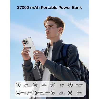 Black 27000mAh Fast Charging USB-C Power Bank with 22.5W Output