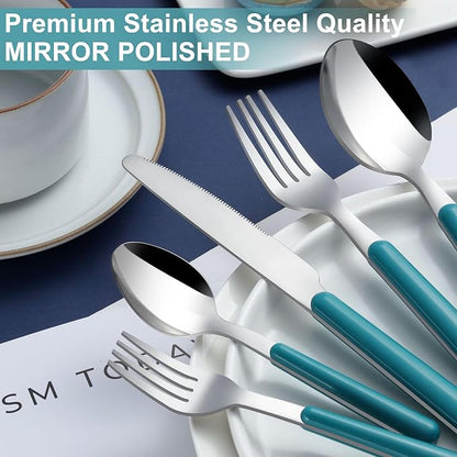 BEWOS 60 Piece Cutlery Set for 12 People, Blue Handles, Machine-Dishwasher Safe