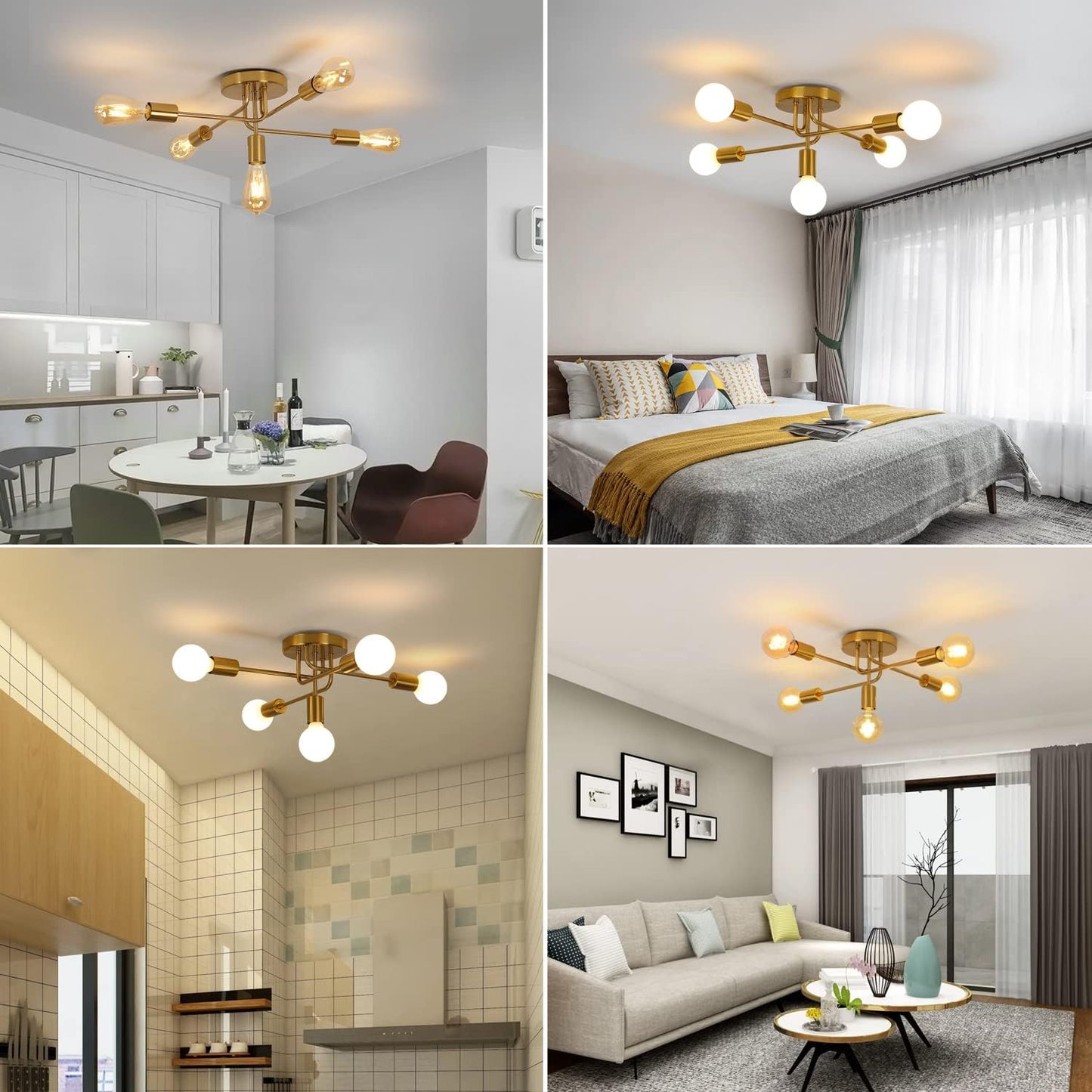 AUA Modern Gold Sputnik 5-Light Ceiling Chandelier for Living Spaces