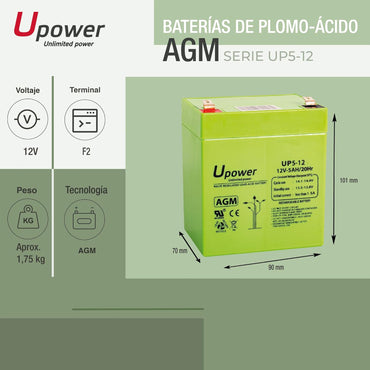 U-Power 12V 5Ah AGM Sealed Rechargeable Battery for UPS