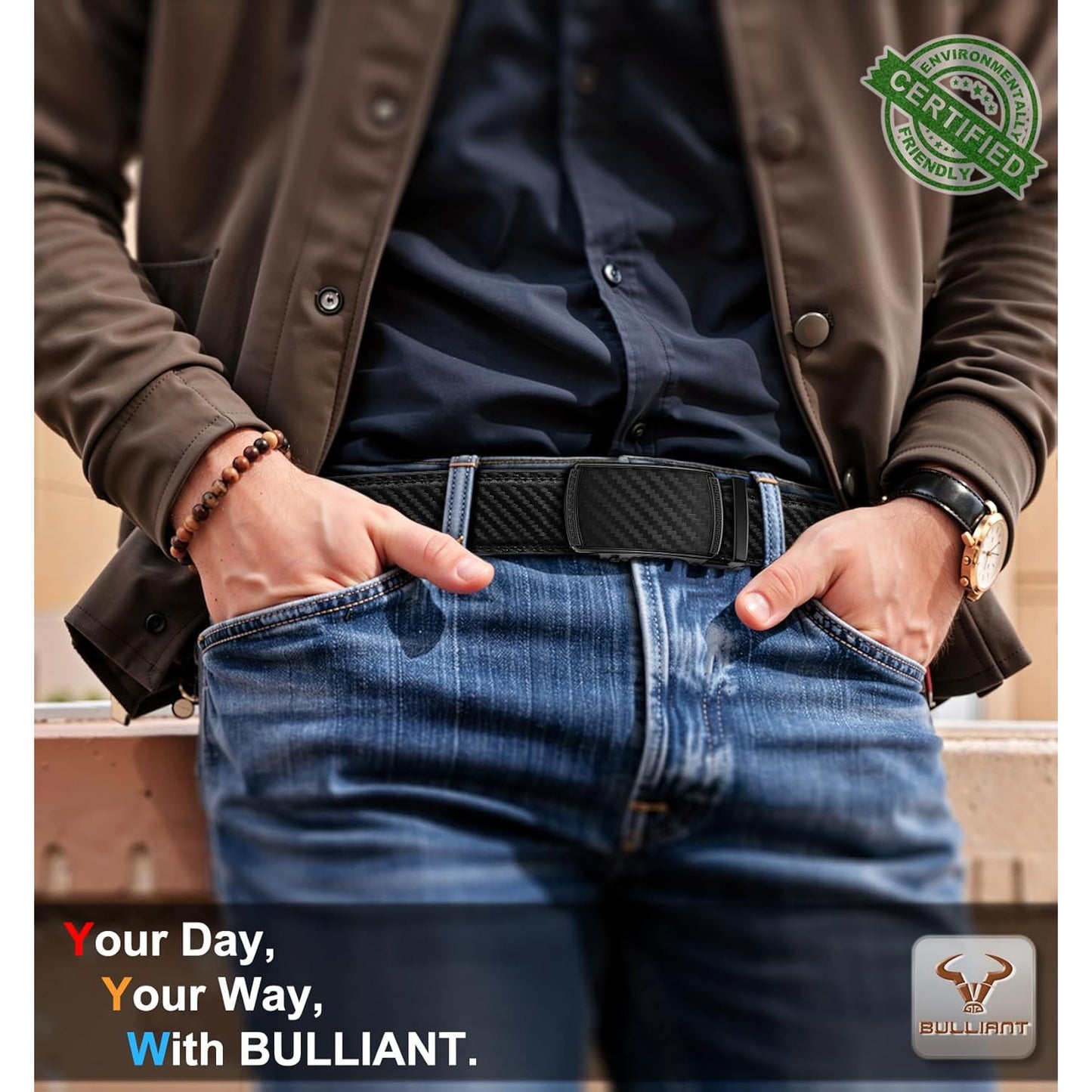 BULLIANT Adjustable Slide Ratchet Leather Belt for Men