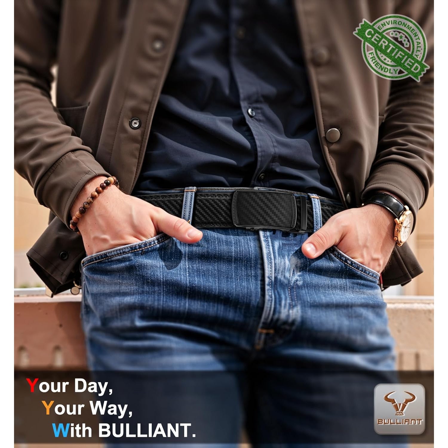 BULLIANT Adjustable Slide Ratchet Leather Belt for Men