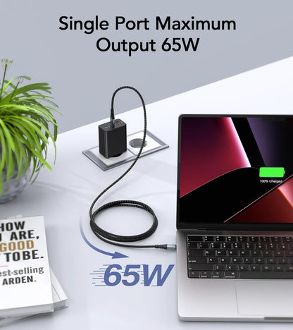 Anykon 65W USB C GaN Charger 3-Port PPS PD Fast Charging Block with 2M Braided Cable Black