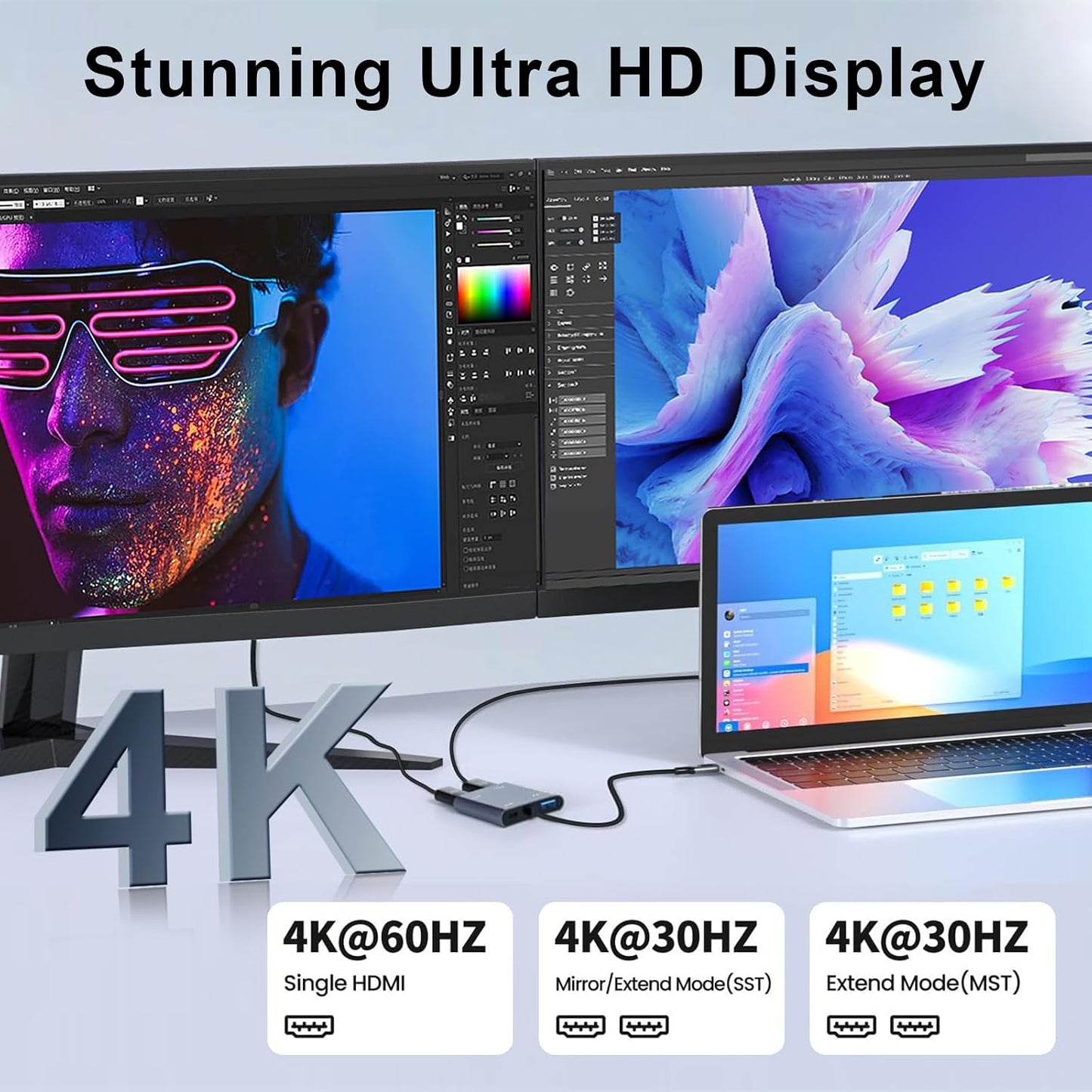 Luonanava USB-C auf Dual HDMI Adapter 4K@60Hz 4-in-1 Hub mit 100W PD und USB 3.0 Grau