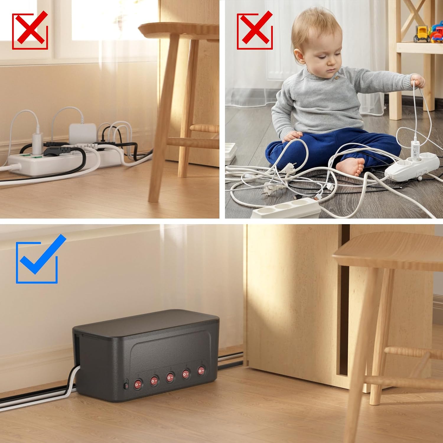 HoniHom Black Cable Box with 5 Switchable Outlets & USB