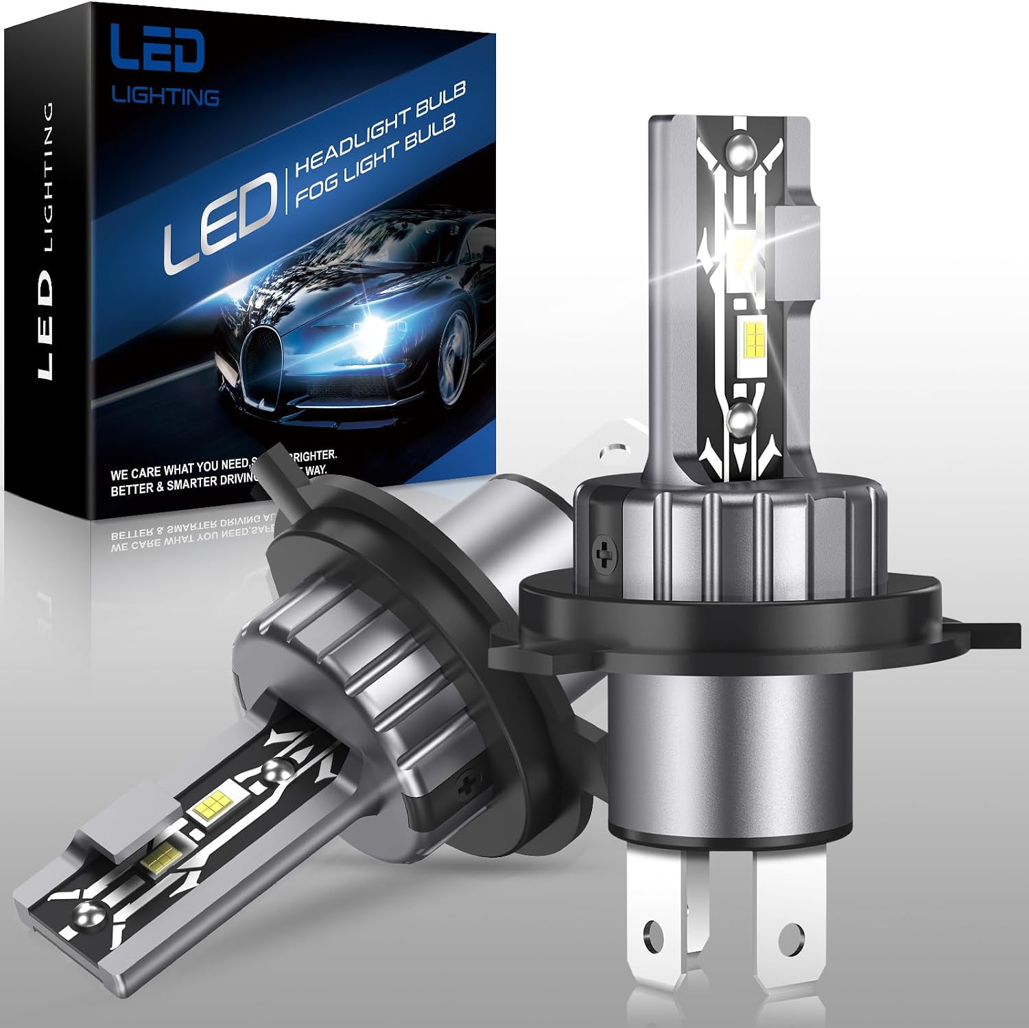 AUXIRACER H4 LED Bulbs 80W 6500K Cool White 12V IP68 Waterproof 1:1 Mini Size Plug-N-Play for Car Pack of 2