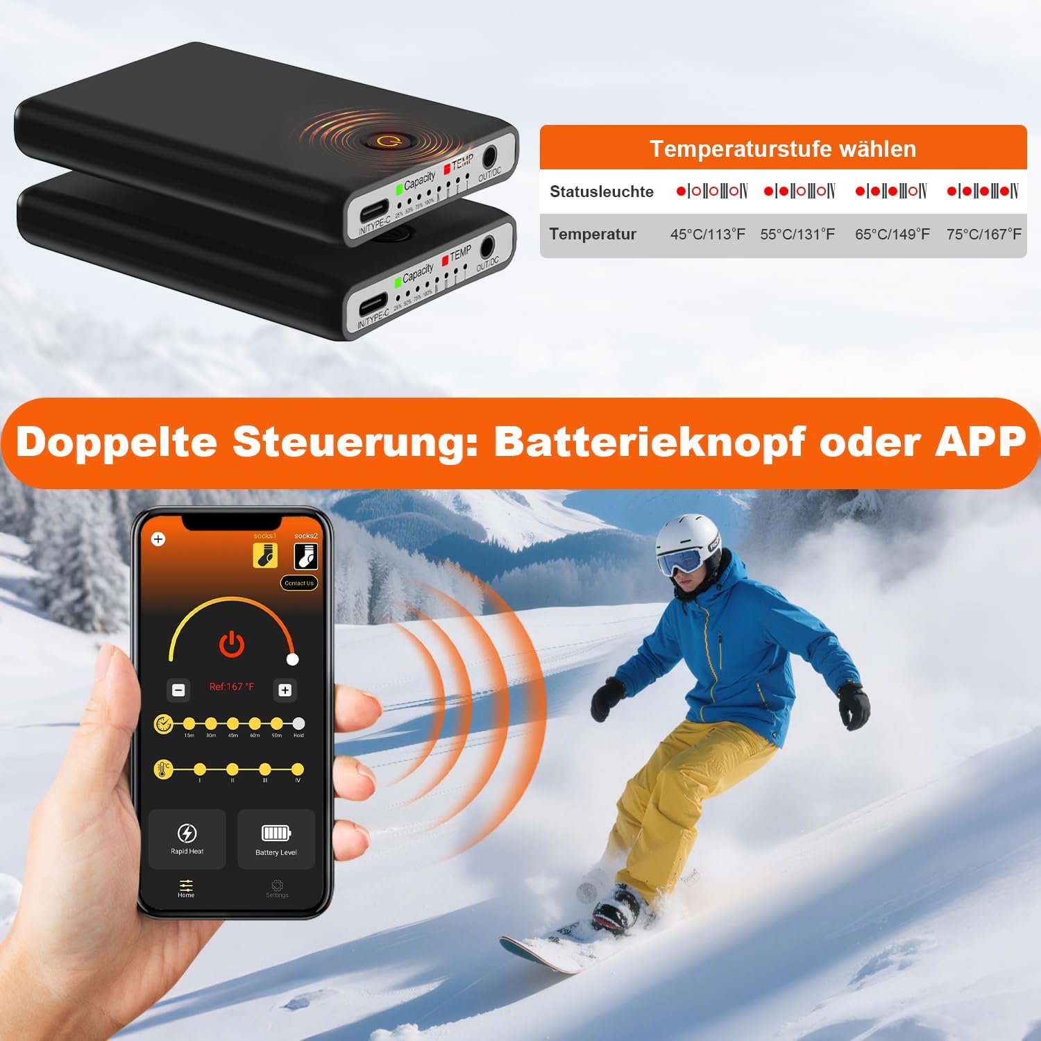 VICEPLUS Heated Ski Socks with 8000mAh Battery and App Control