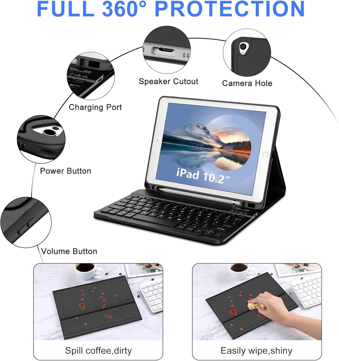 IVEOPPE Detachable Keyboard Case for iPad 10.2‑inch – Black, Lightweight, Backlit