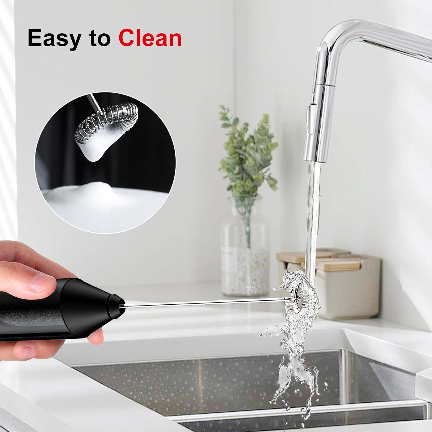 Bonsenkitchen Powerful Handheld Milk Frother with Stainless Steel Whisk – Black