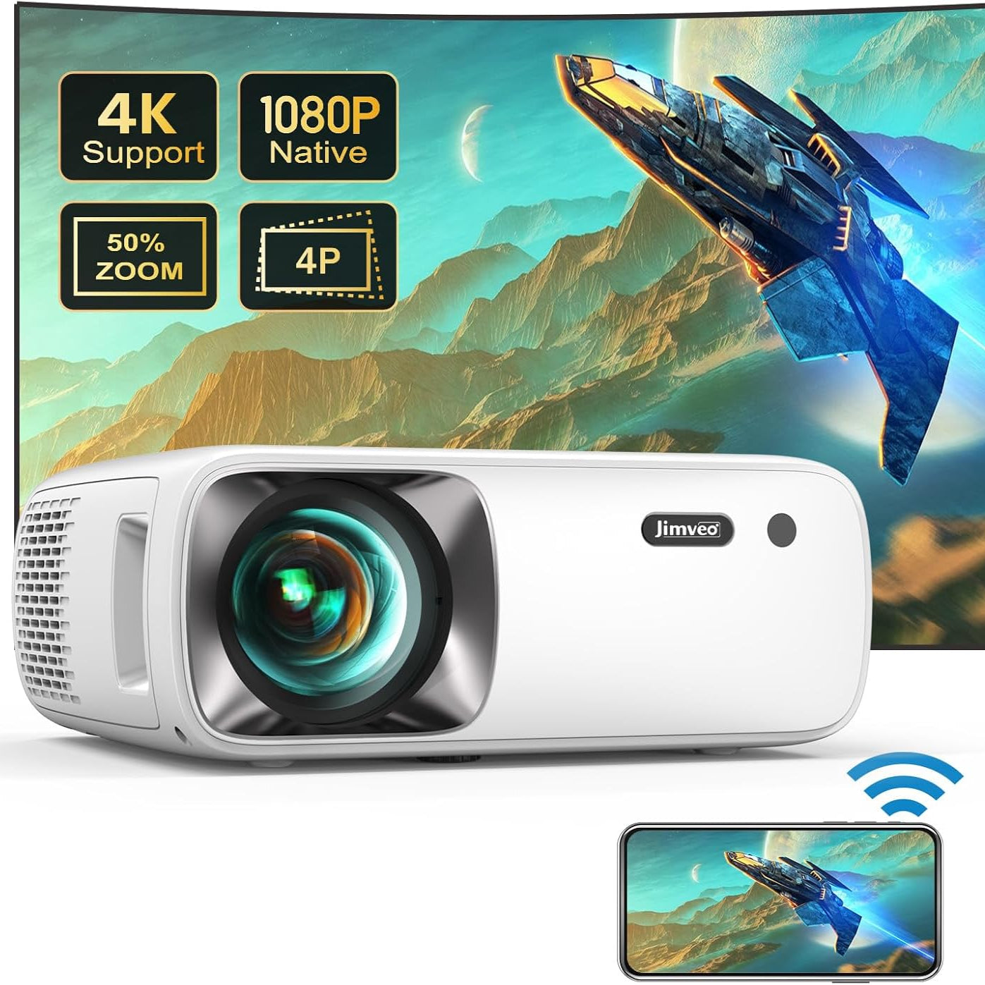 Jimveo Native 1080P Portable Projector with 4K Zoom, Wi‑Fi, Bluetooth