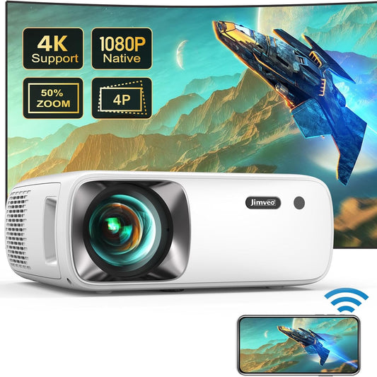 Jimveo Native 1080P Portable Projector with 4K Zoom, Wi‑Fi, Bluetooth