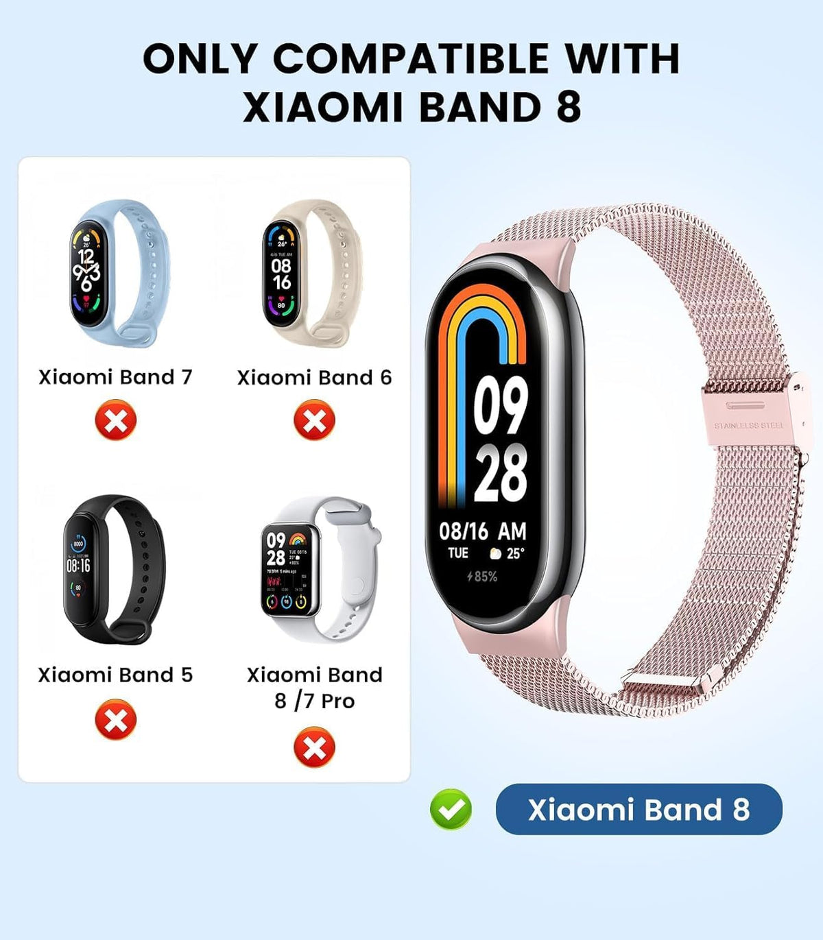 Astorgos Milanese Watch Band for Xiaomi Mi Band 9 8 Pink