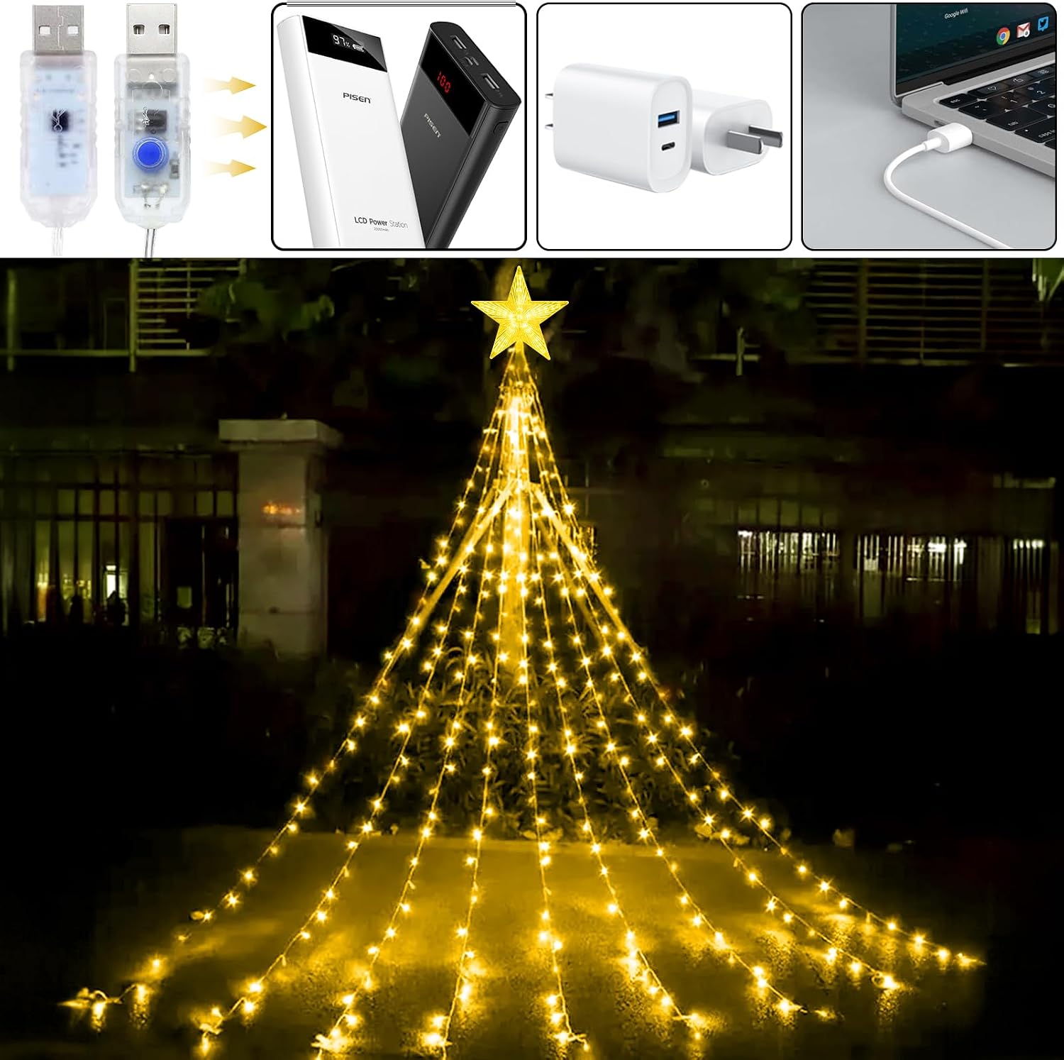 WoskjXas Christmas Tree Waterfall Lights 9-Piece 198 LED 2 m 8 Modes Remote Control USB IP65