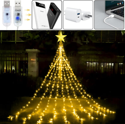 WoskjXas Christmas Tree Waterfall Lights 9-Piece 198 LED 2 m 8 Modes Remote Control USB IP65