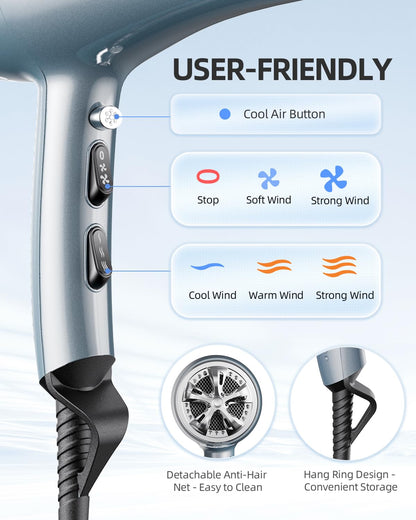 Ionic Hair Dryer with Diffuser & Comb Attachments, 2 Speed Professional