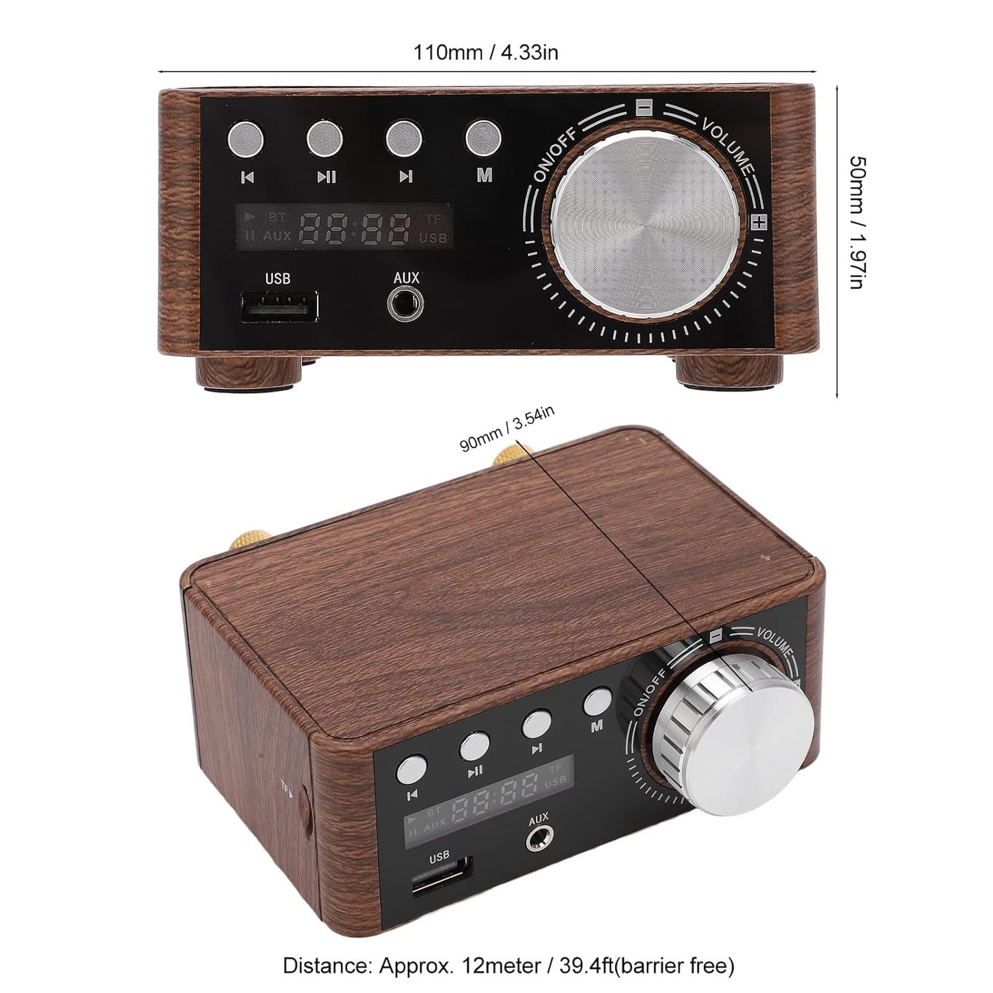 Bluetooth 5.0 2-Channel Wood Grain HiFi Amplifier with USB Input