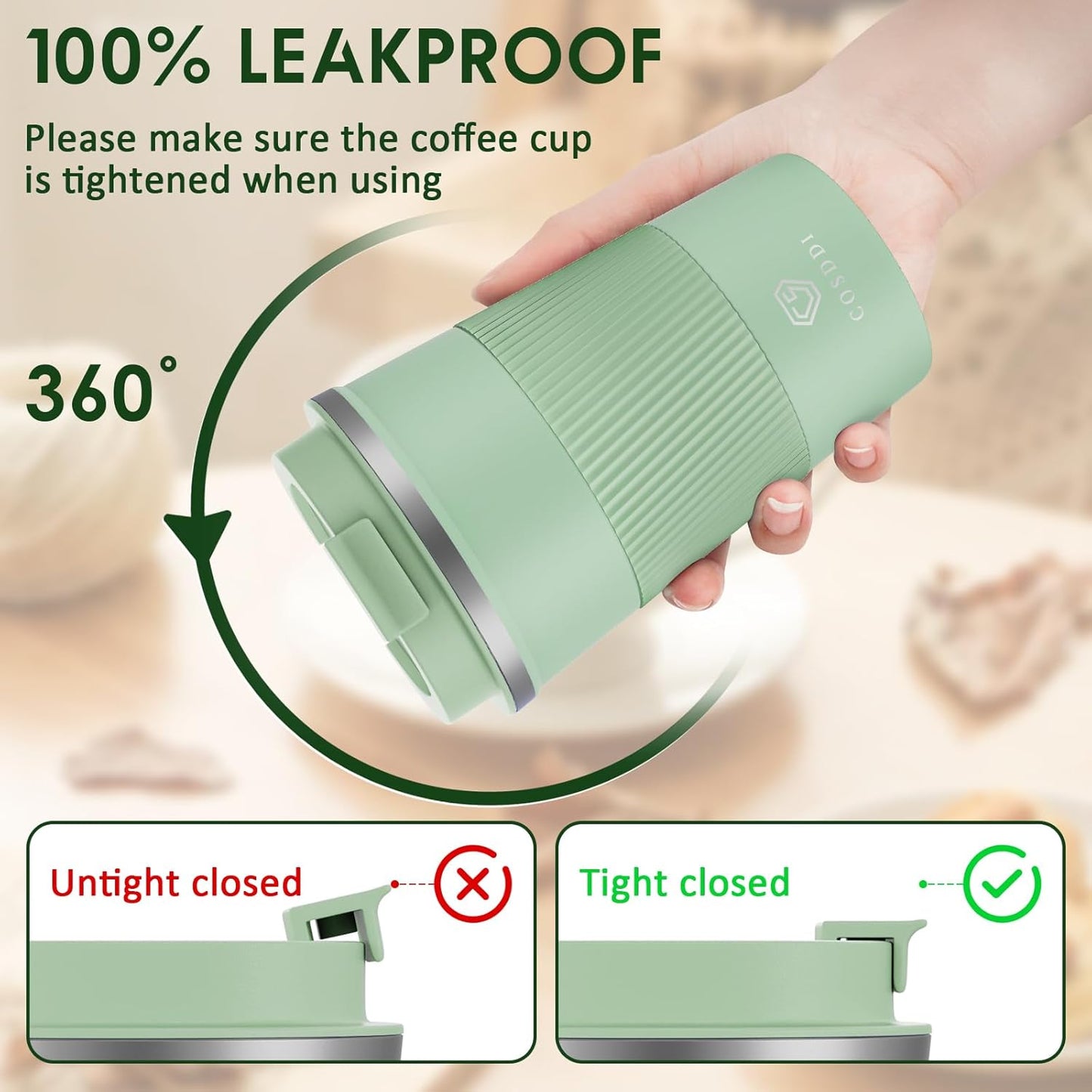 CS COSDDI 380ml Olive Green Insulated Travel Mug – Leakproof Stainless Steel Cup