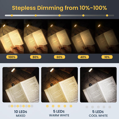 TEAMPD Reading Light 9 LED 3 Color Rechargeable Book Light 12+Hrs Runtime Eye-Caring Clip On Portable Lightweight Book Lamp