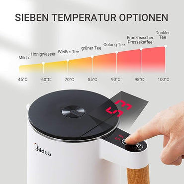 Midea White 1.5L Stainless Steel Kettle: Precise Temperature, Fast Boil, BPA-Free