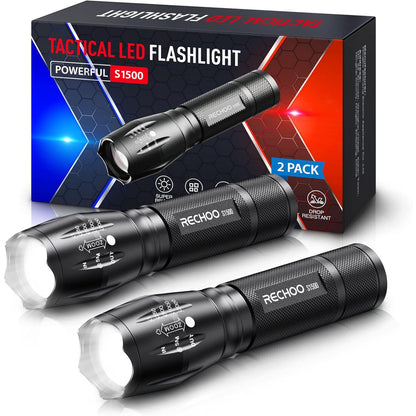 RECHOO S1500 Tactical Flashlight 1500 Lumens Waterproof 5‑Mode 2‑Pack