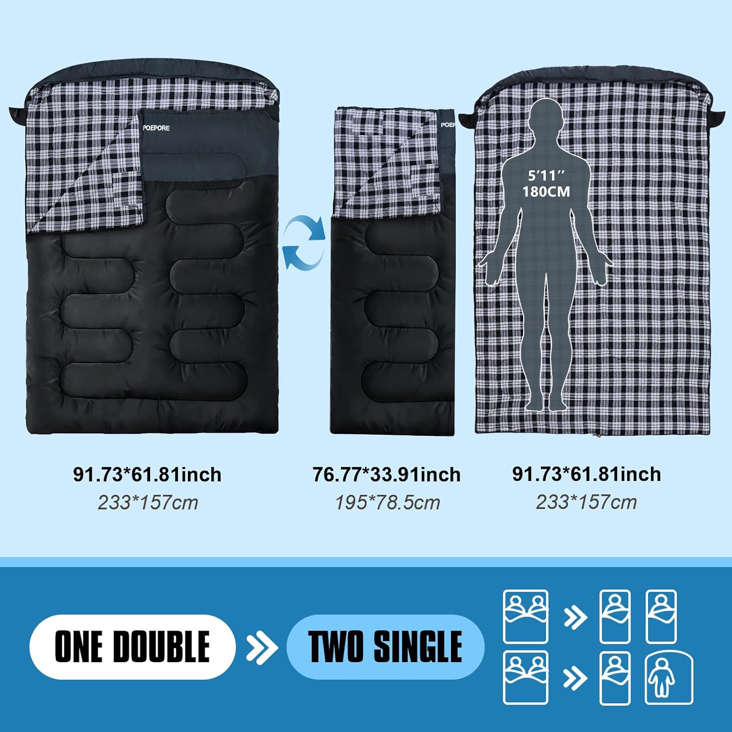 POEPORE Double Flannel Sleeping Bag for Two Adults XXL Queen Size