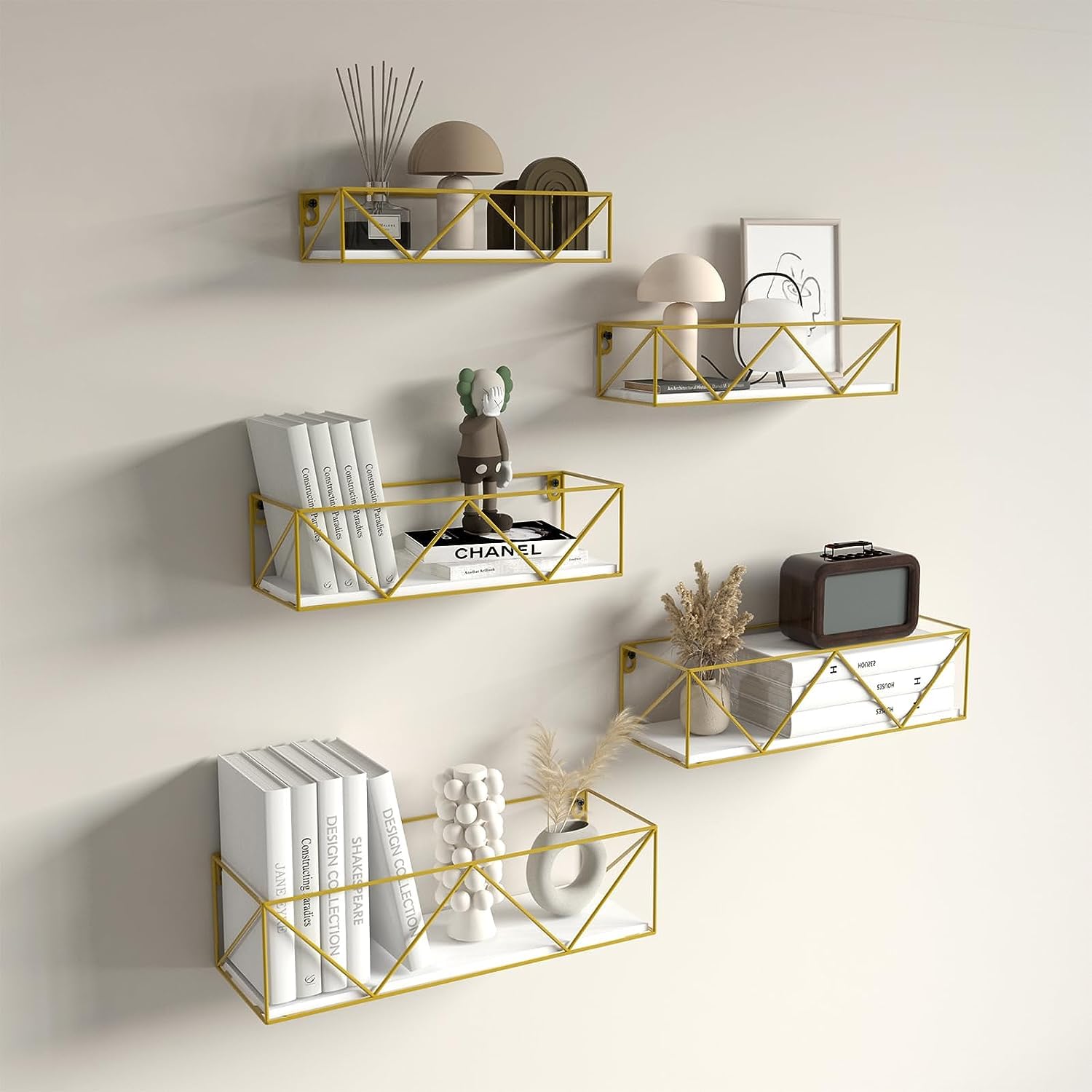 Gold Floating Shelves Wall Mounted Set of 5, Hanging Storage Floating Shelf for Bathroom, Kitchen, Bedroom, Living Room (Gold)