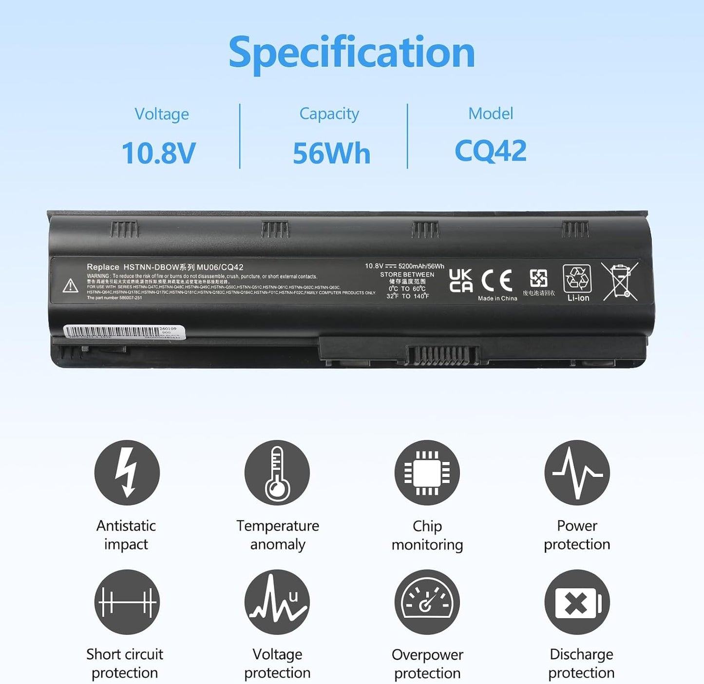 Wikinu MU06 5200 mAh 11.1V 58 Wh Replacement Laptop Battery for HP G62 Pavilion G6 G7