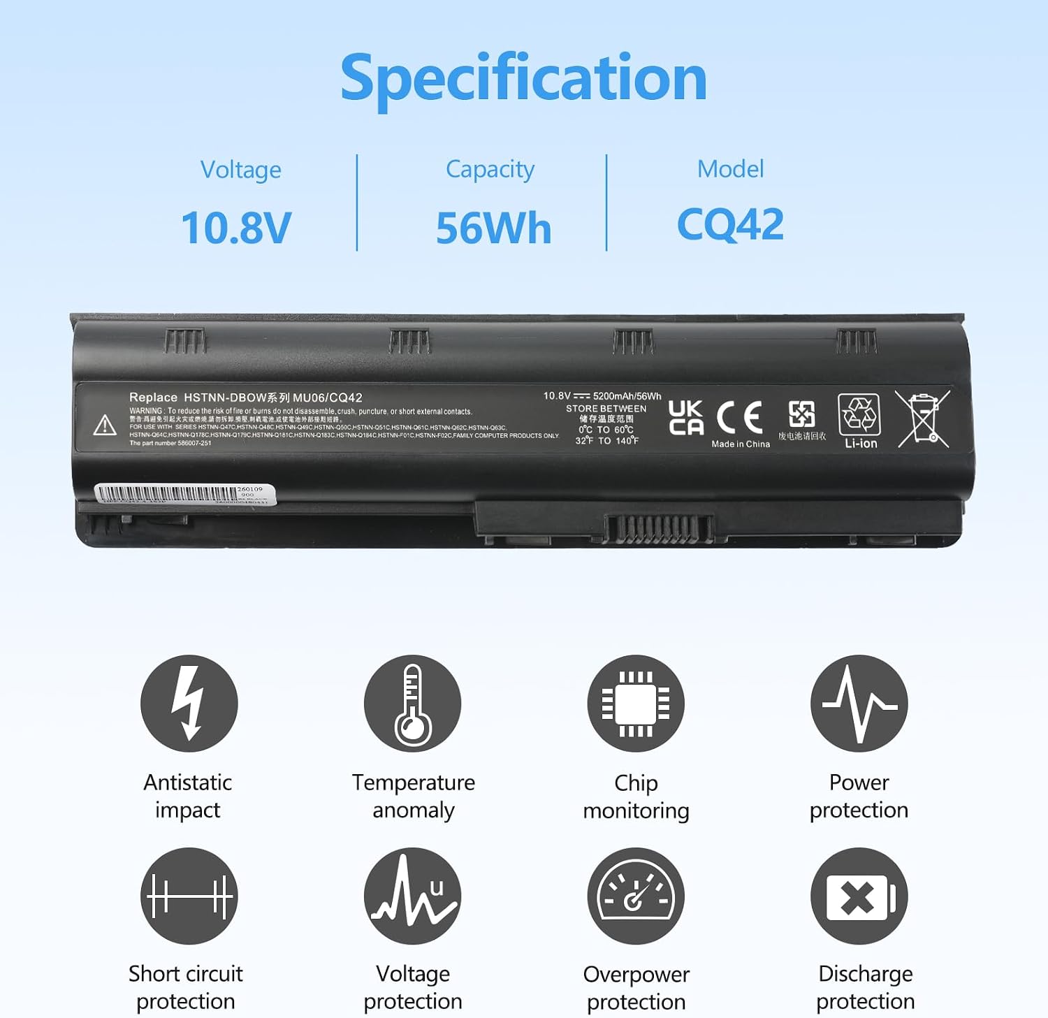 Wikinu MU06 5200 mAh 11.1V 58 Wh Replacement Laptop Battery for HP G62 Pavilion G6 G7