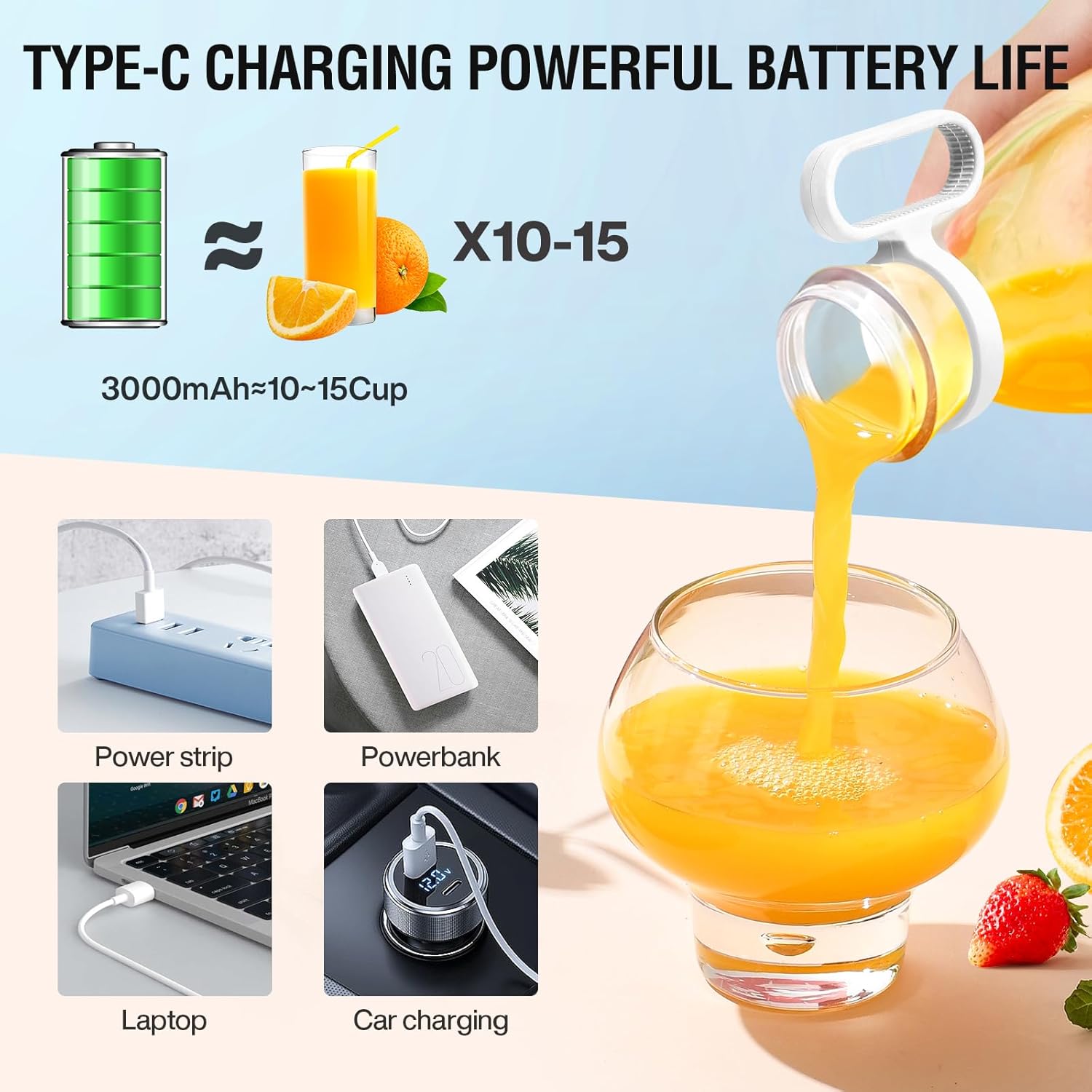 Spardar 3000mAh Portable Blender for Smoothies, USB Rechargeable Mini Juicer