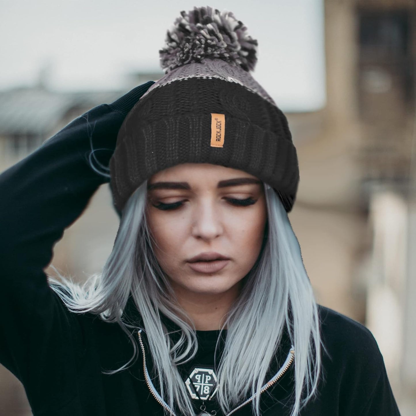 RockJock Warm Winter Chunky Colour Block Pompom Hat Thermal Liner