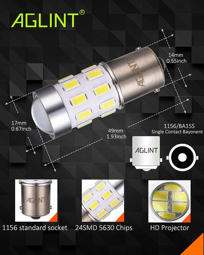 AGLINT 2x P21W LED Bulbs 24SMD 1156 BA15S Reverse Brake DRL Tail Light White 6500K 12V-24V