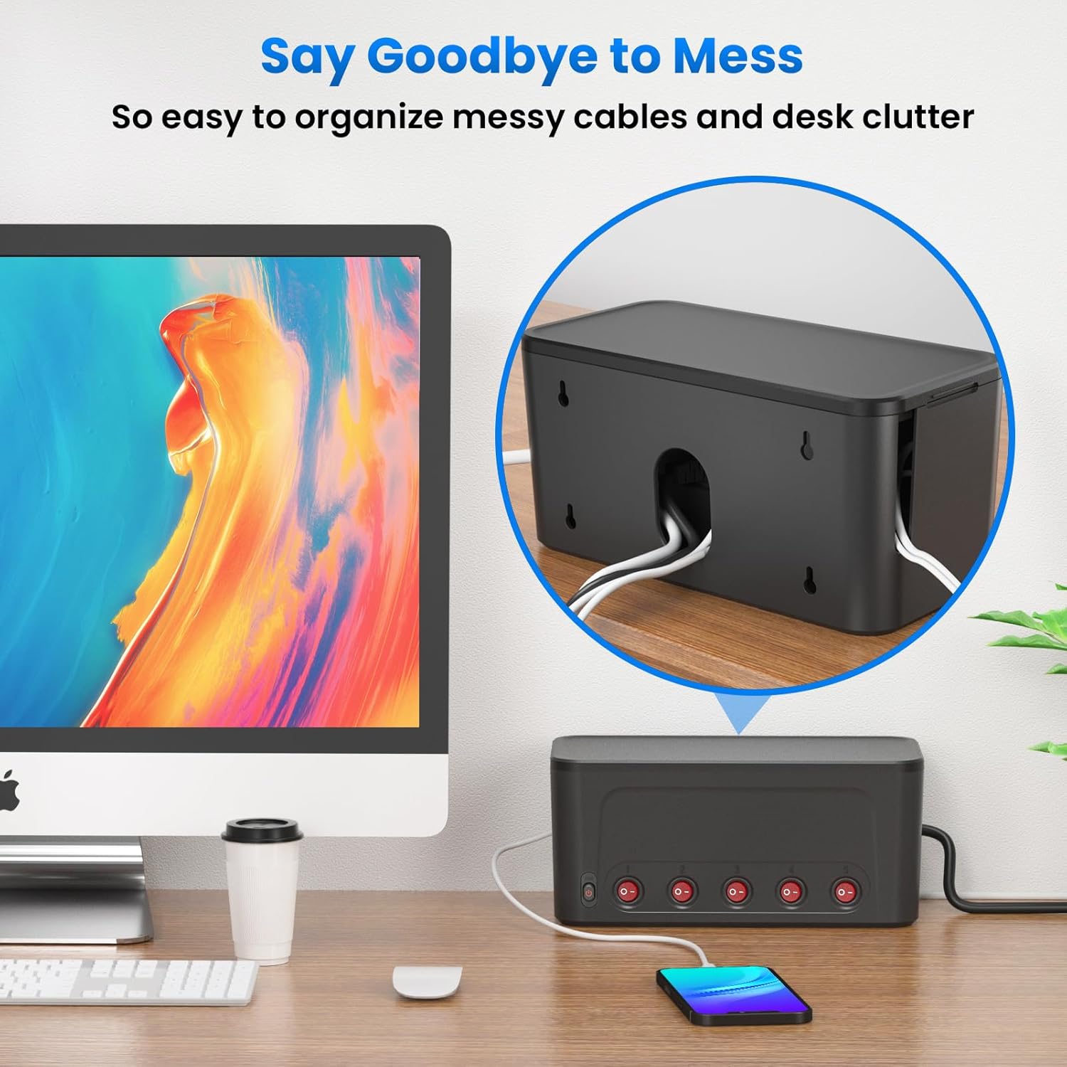 HoniHom Black Cable Box with 5 Switchable Outlets & USB