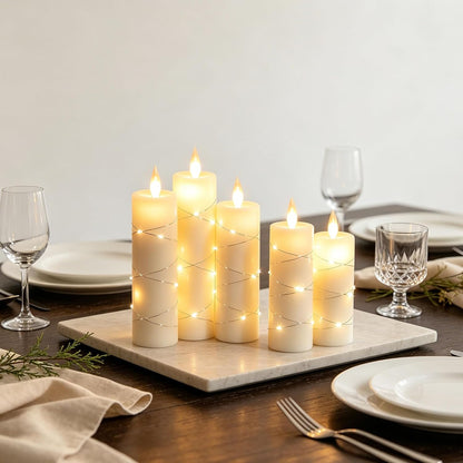Da by 5-Pack Ivory Real Wax Flameless LED Taper Candles with Fairy String Lights and Remote Control