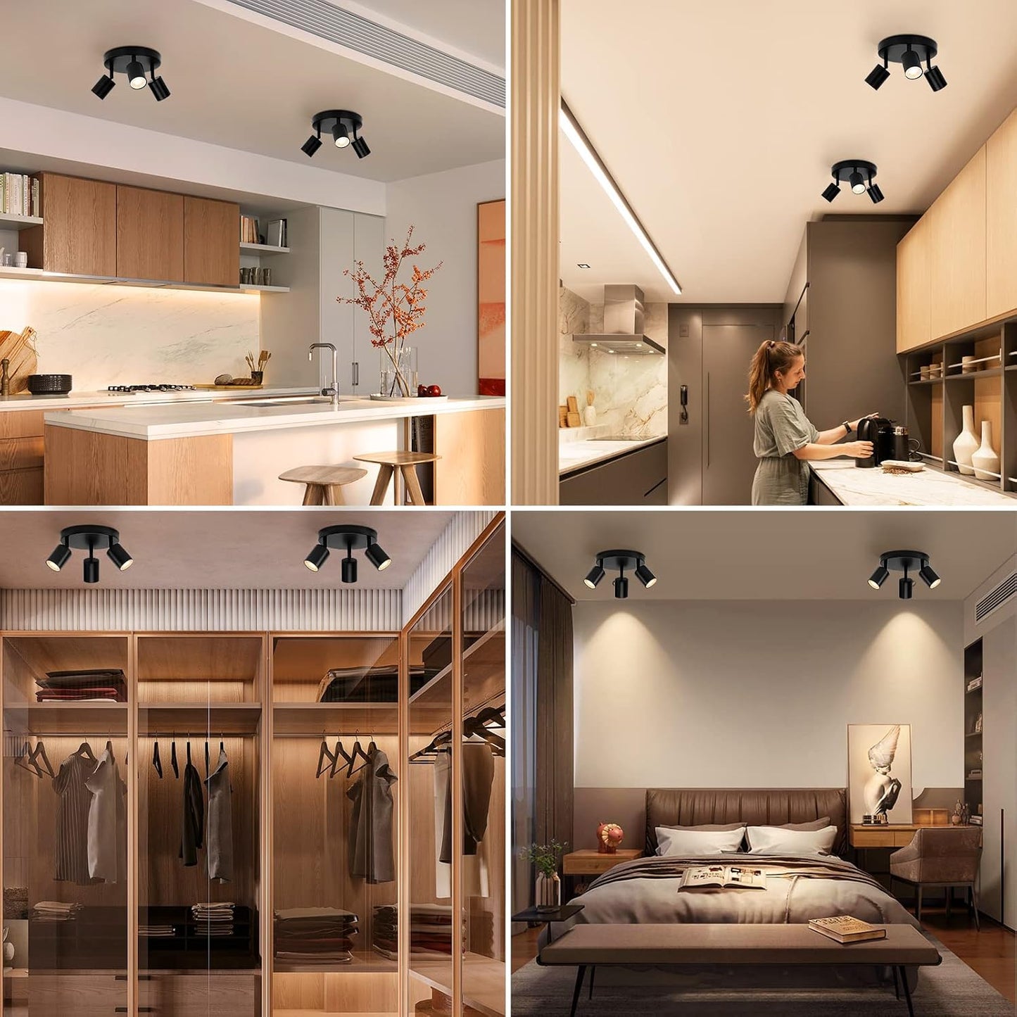 wowatt 3-Light Swivel GU10 Ceiling Spotlight Round Black Matt Metal Indoor Light Fixture