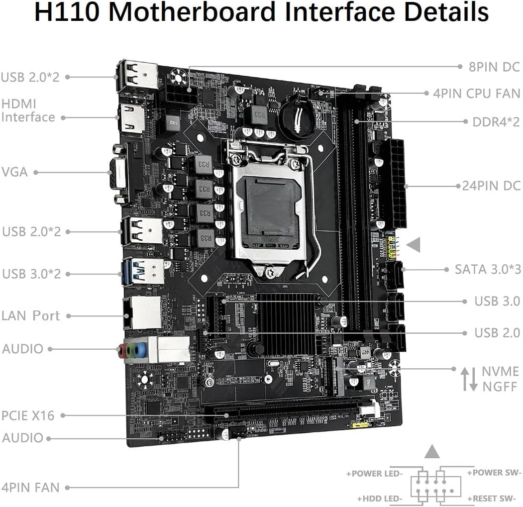 H110 LGA 1151 Motherboard for Intel 6-9th Gen Processors DDR4 PCIe NVME