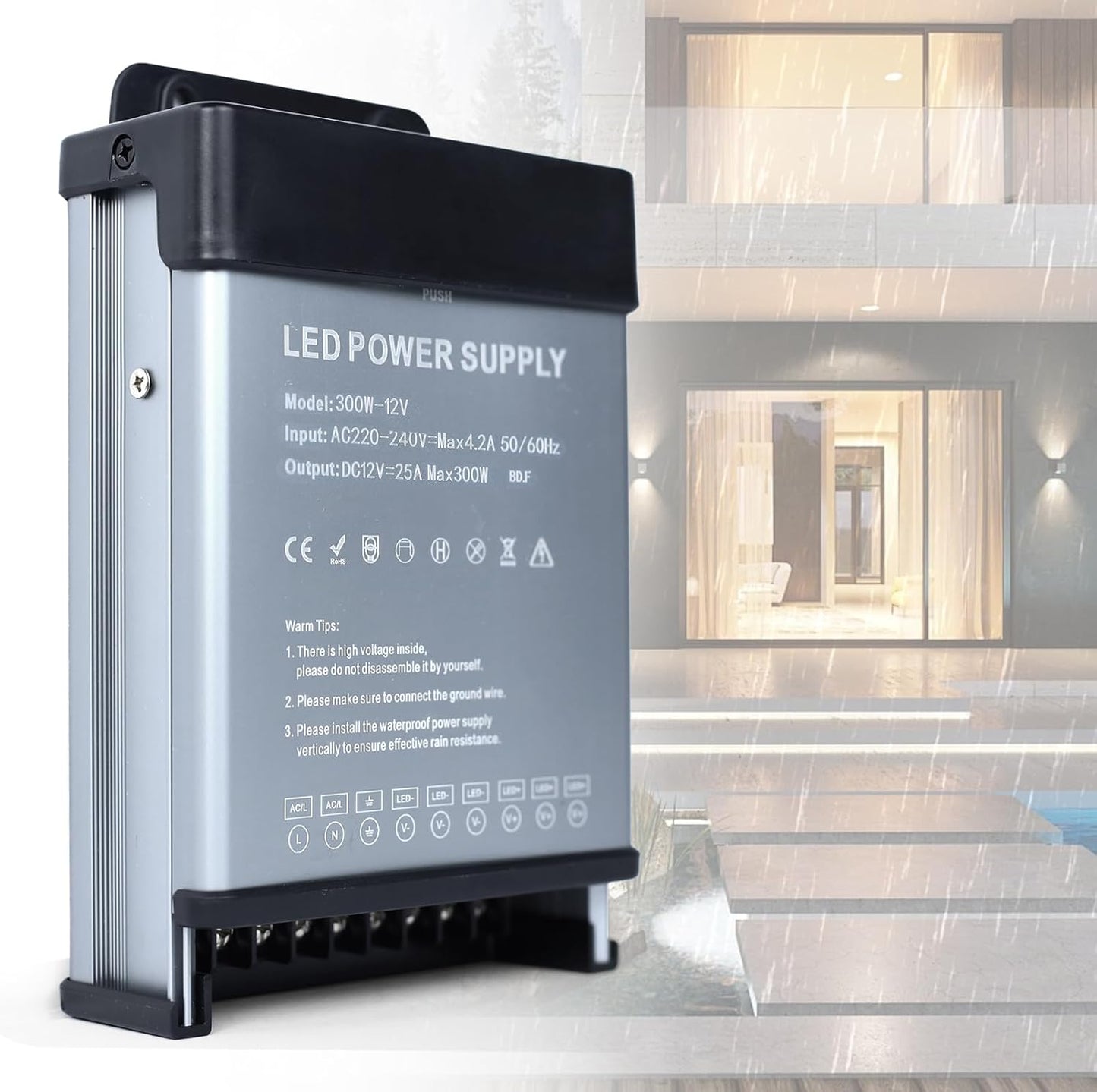 YOODI 12V Power Supply 300W 25A LED Driver IP44 Waterproof Transformer AC 220V to DC 12V Ultra Thin Flicker-Free Adapter