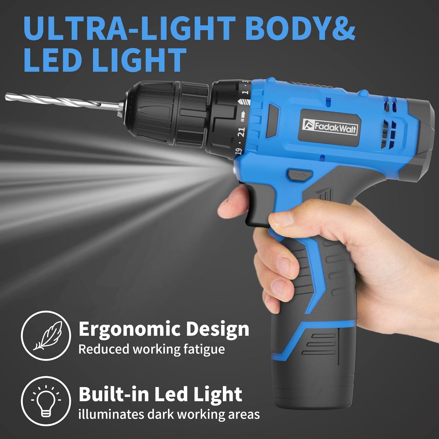 FADAKWALT 12V 3/8" Cordless Drill/Driver Kit with 1.3Ah Battery