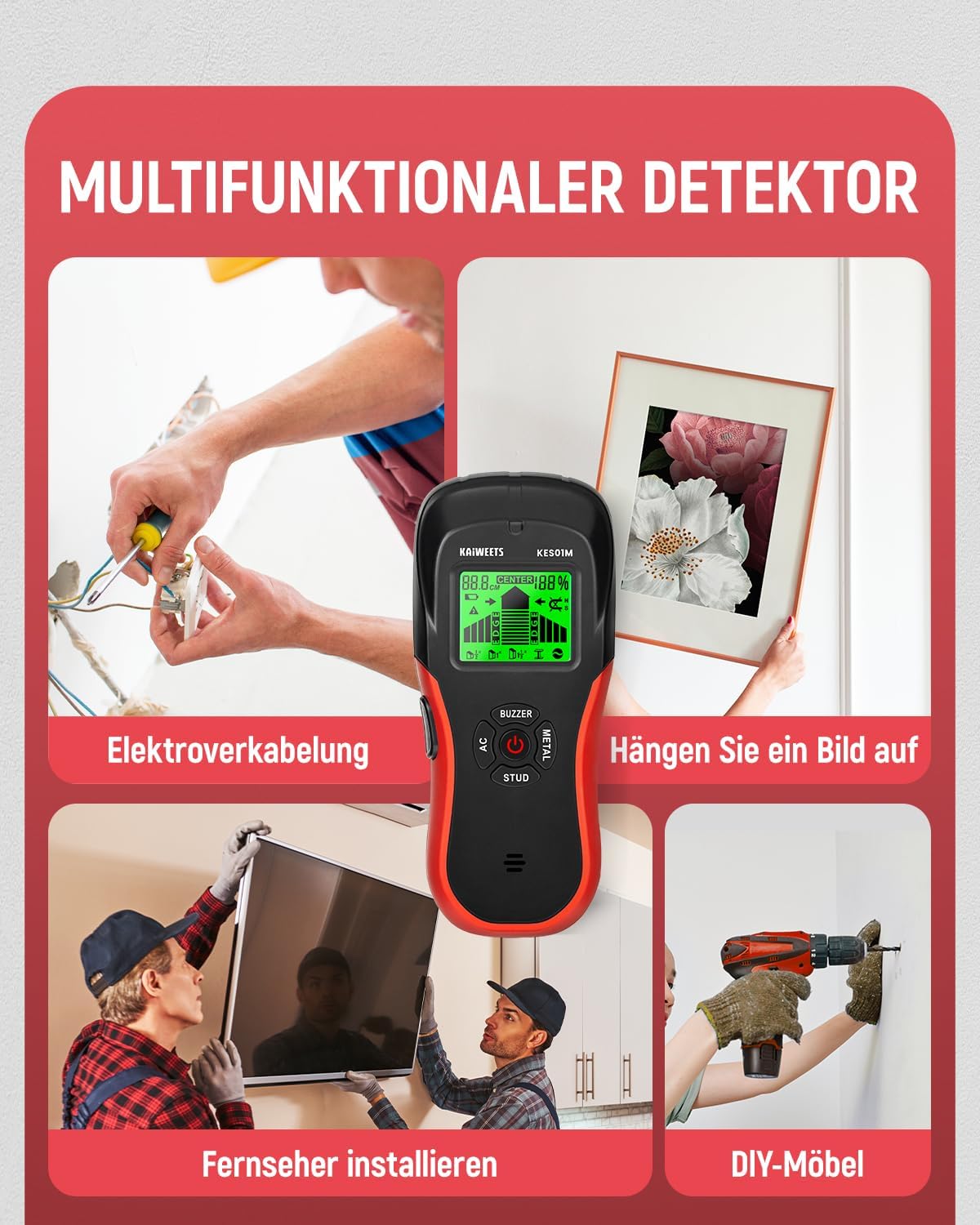 KAIWEETS KES01M 6-in-1 Wall Scanner: Multi-functional Stud, Metal, AC Wire Detector