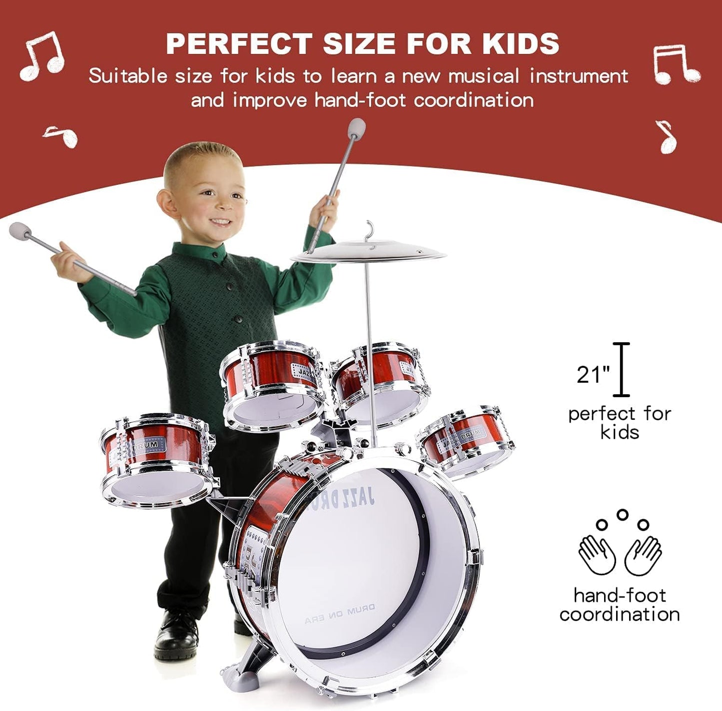 COOLBABY Red Toddler Drum Kit with Stool – 5‑Piece Jazz Set