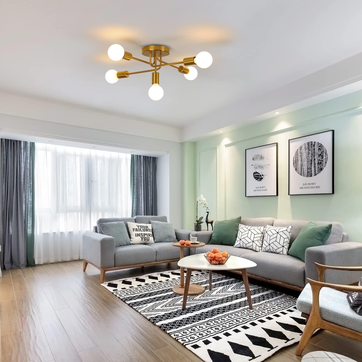 AUA Modern Gold Sputnik 5-Light Ceiling Chandelier for Living Spaces