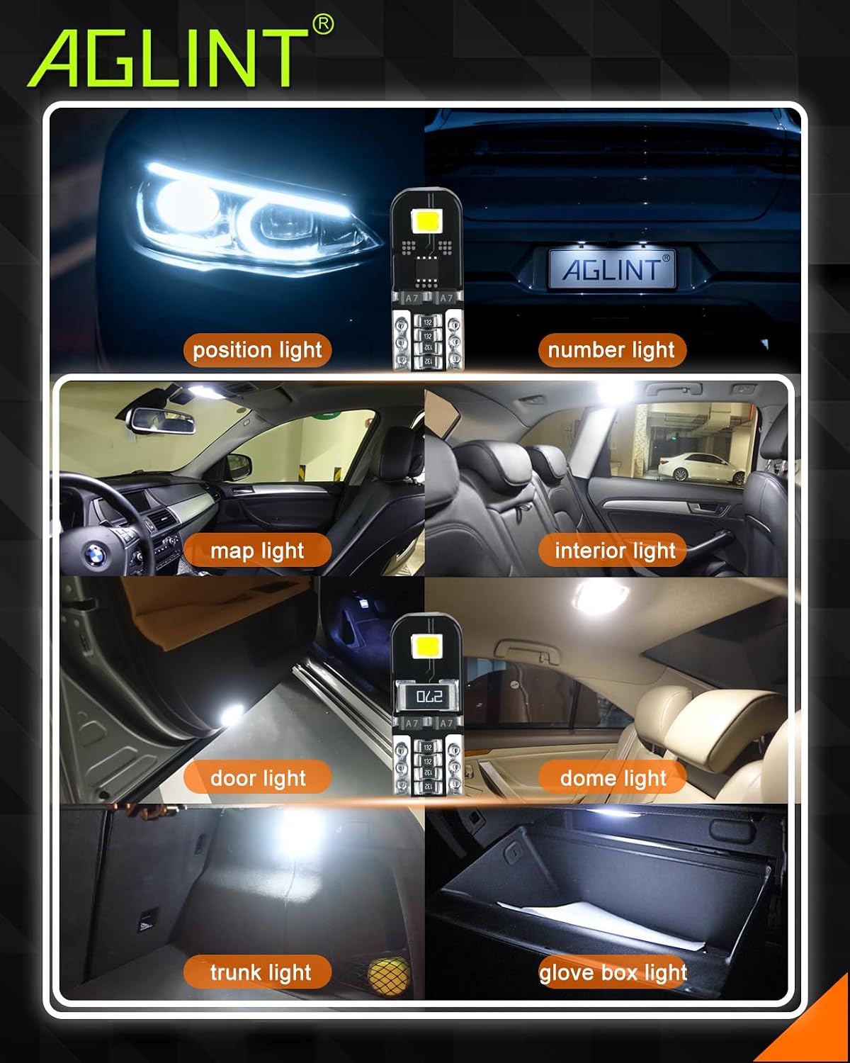 AGLINT 10X T10 W5W Canbus Error-Free LED Bulbs 2SMD Super Bright 194 2825 168 Wedge for Car Interior Dome Map Door Side Marker License Plate Lights 6500K Xenon White