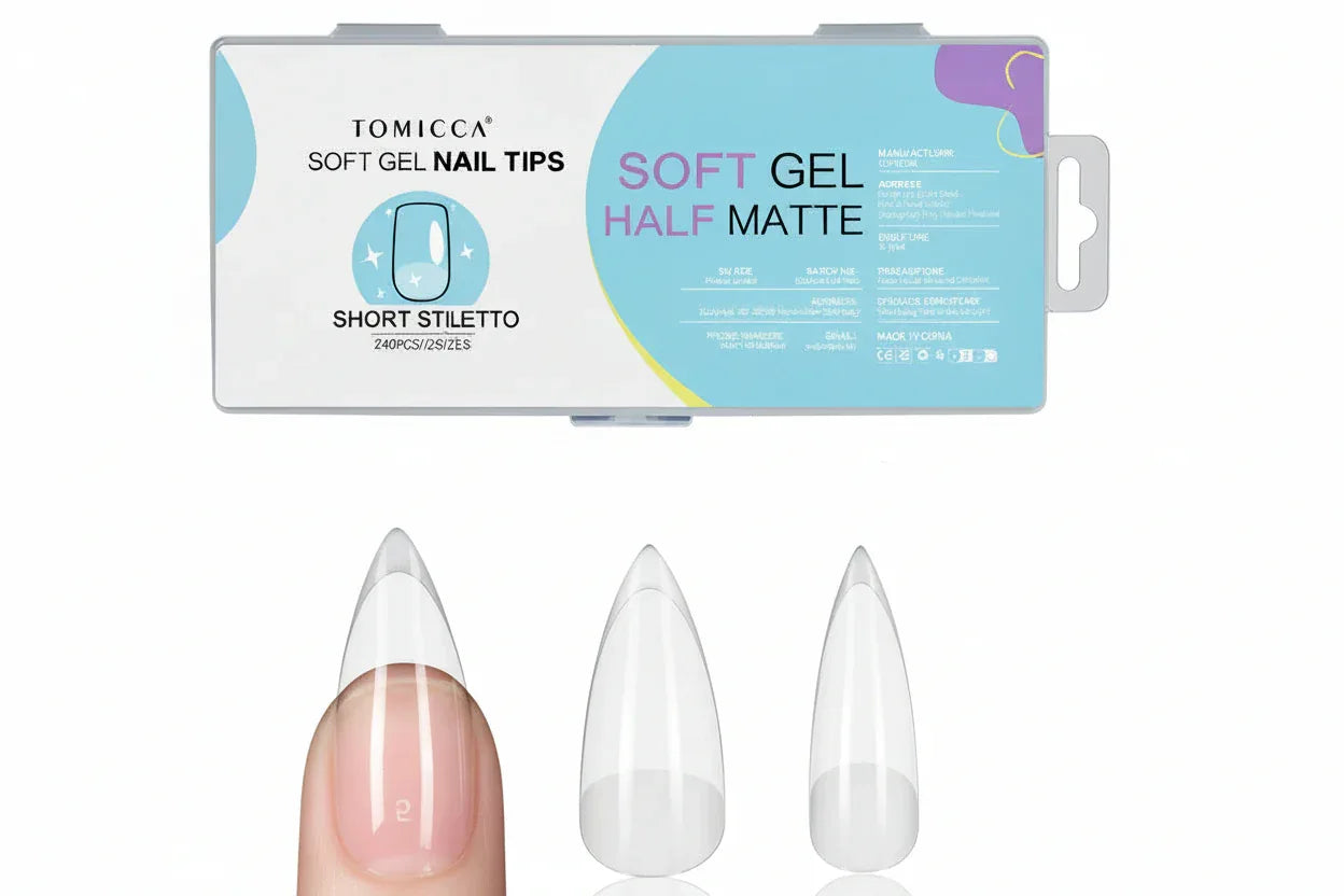 TOMICCA stiletto Short Gel Nail Tips Pre-shaped Half Matt Full Cover - 240 Pieces - Gomix Brands Outlet